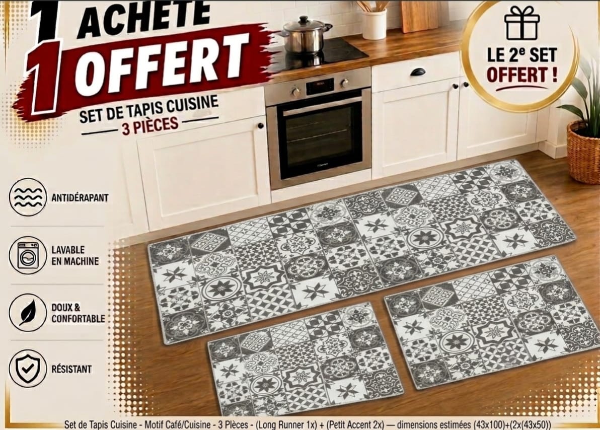 3-Piece Kitchen Rug Set – Black & White Moroccan Tile Print