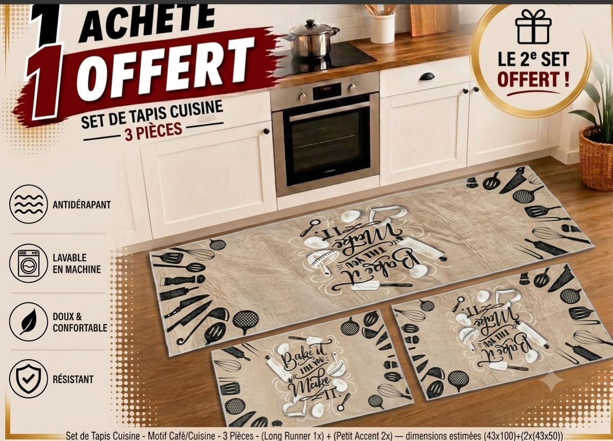 3-Piece Kitchen Rug Set – Beige Baking & Kitchen Utensils Print