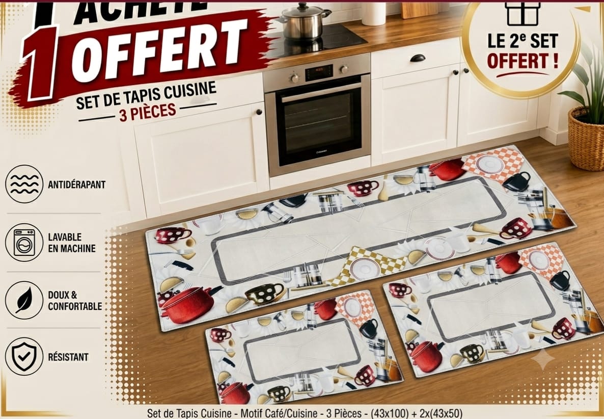 3-Piece Kitchen Rug Set – Red Gingham Coffee Cup & Teapot Print