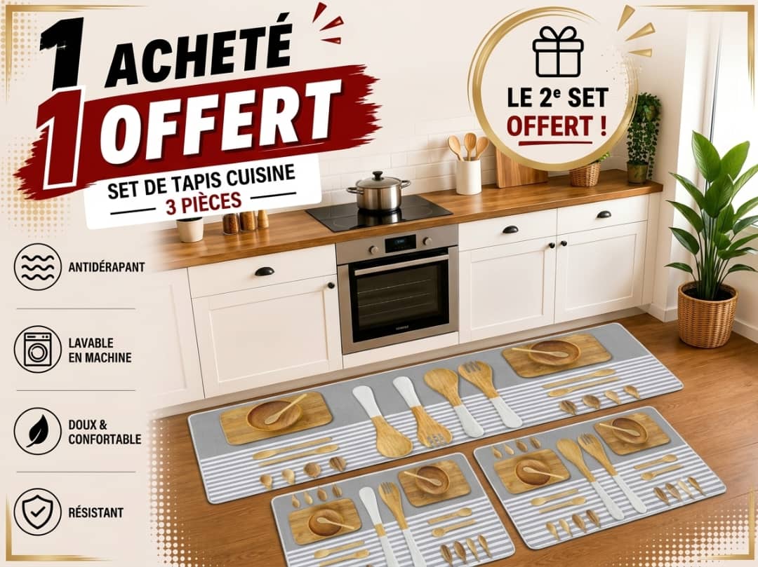 Ensemble tapis de cuisine 3 pièces – Motif ustensiles en bois sur fond gris rayé