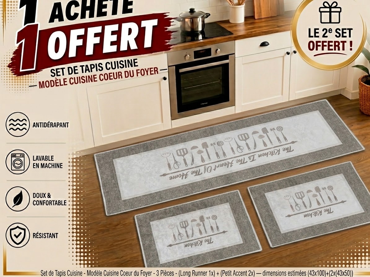 Ensemble tapis de cuisine 3 pièces – Motif The Kitchen Is The Heart Of The Home