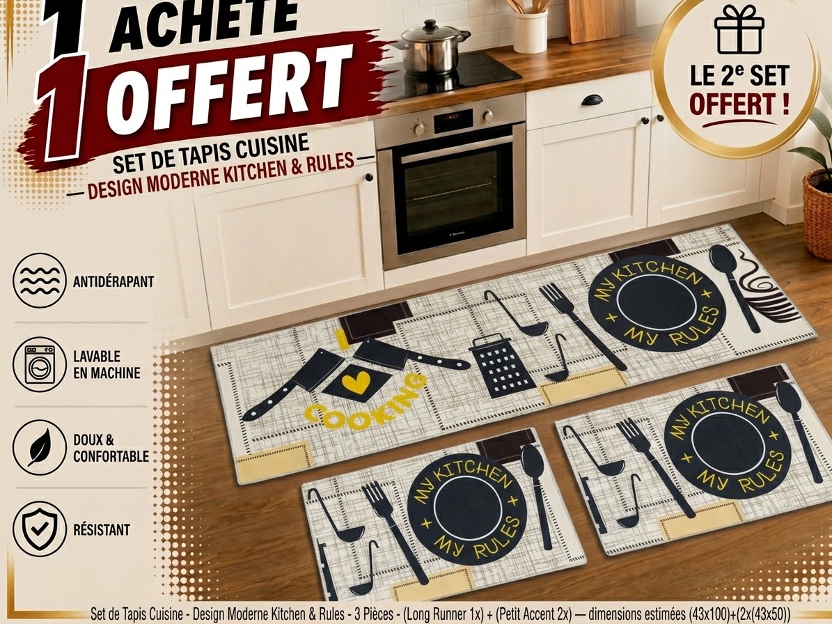 Ensemble tapis de cuisine 3 pièces – Motif My Kitchen My Rules noir et jaune