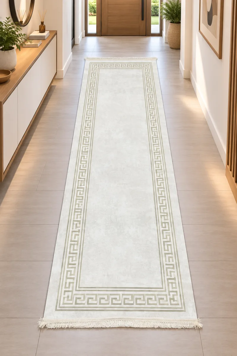Tapis de couloir beige à bordure grecque