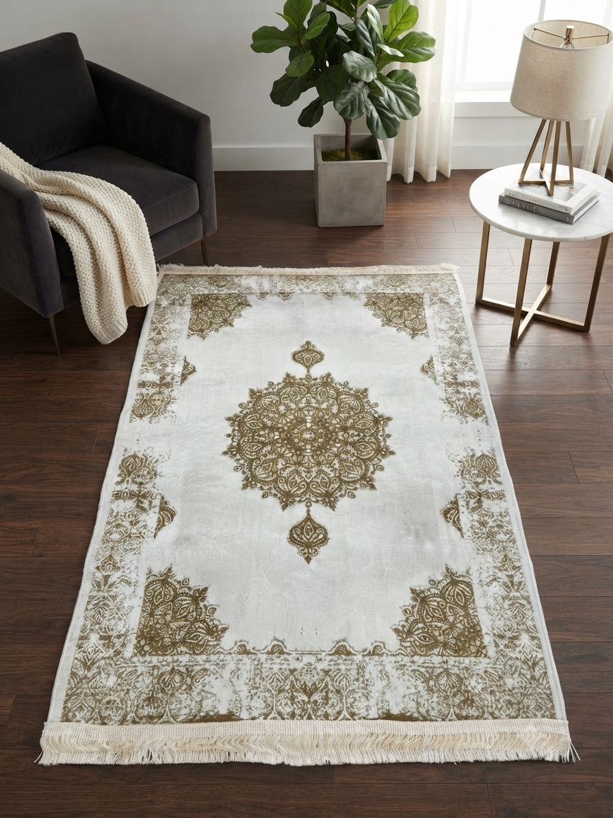 Descente de lit 80×120 – médaillon oriental olive sur fond crème