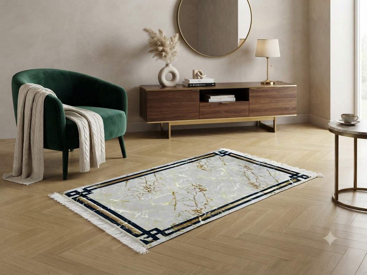 Bedside Rug 80×120 – light grey marble with a black and gold Greek-key border