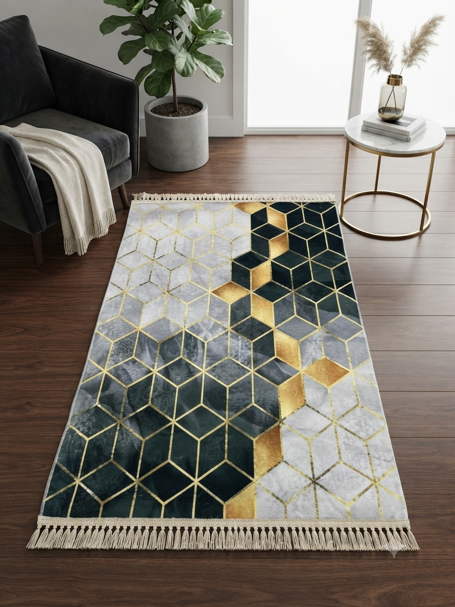 Descente de lit 80×120 – cubes 3D vert foncé, gris et or