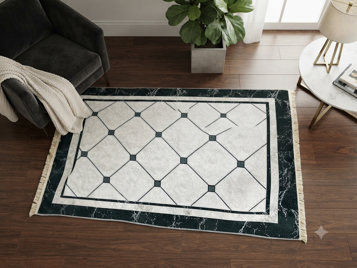 Bedside Rug 80×120 – white tiles with a black marble border