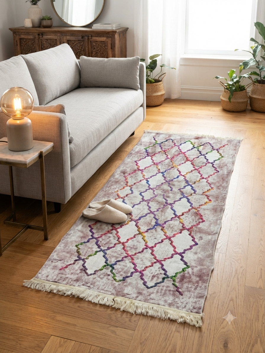 Descente de lit 80×150 – treillis pastel rose et lilas