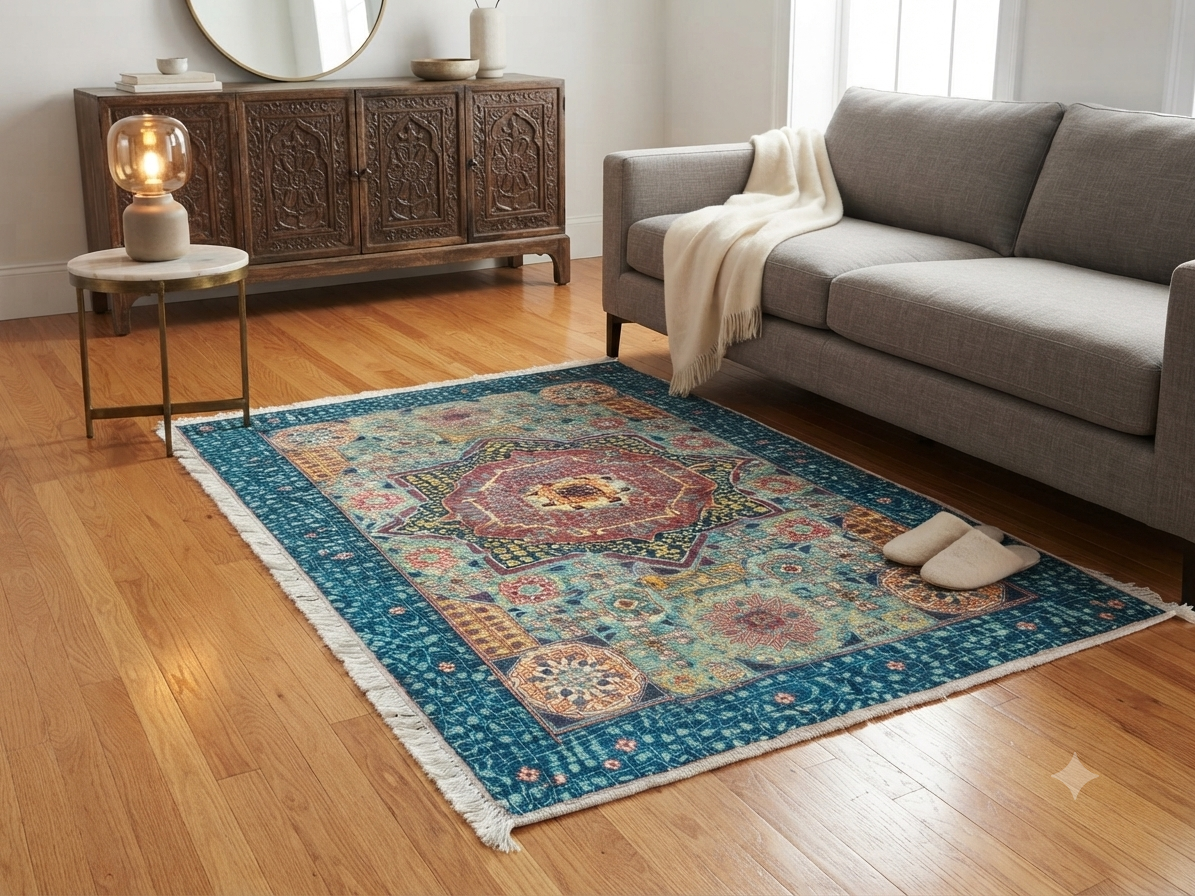 Descente de lit 80×150 – médaillon turquoise et rose