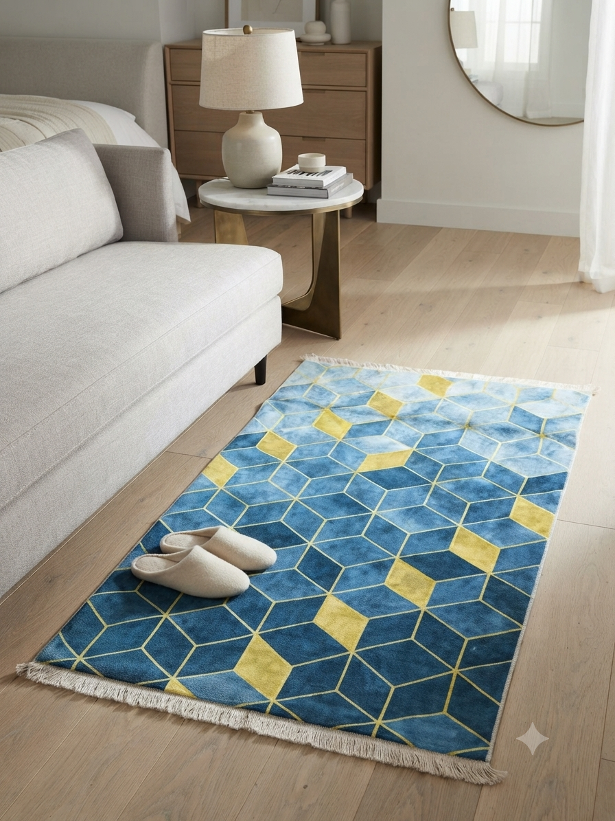 Descente de lit 80×150 – triangles bleus et jaunes