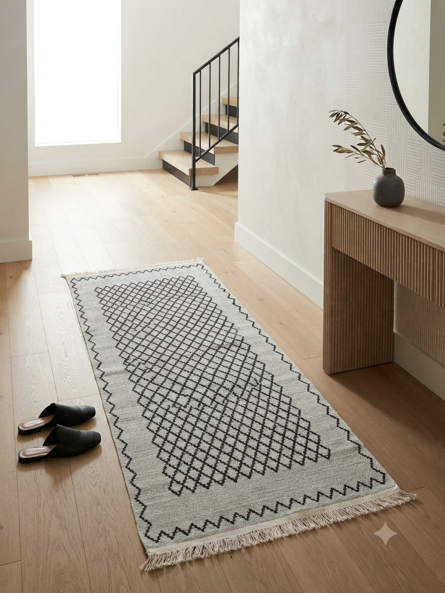 Bedside Rug 80×150 – grey diamonds with border