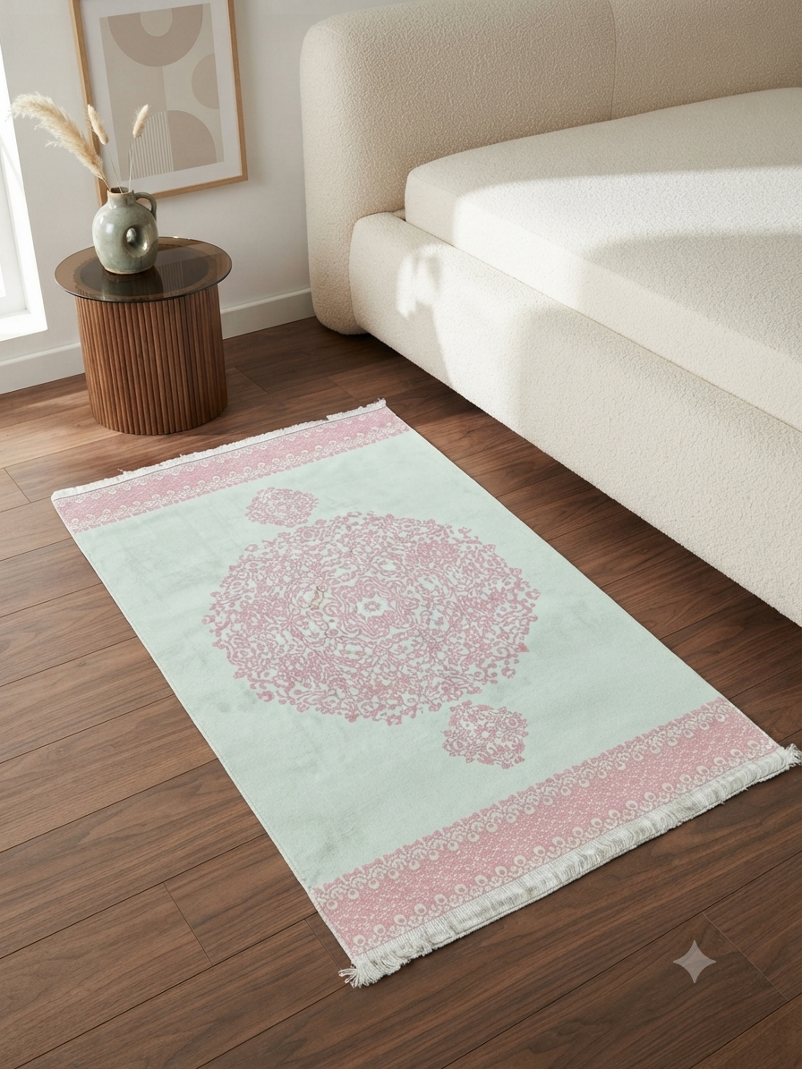 Bedside Rug 80×150 – pink medallion on mint