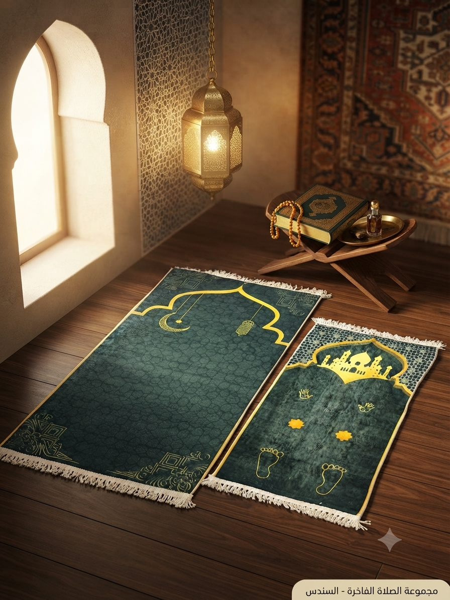 2-Piece Prayer Rug Set – Emerald Green, Gold Mihrab & Mosque