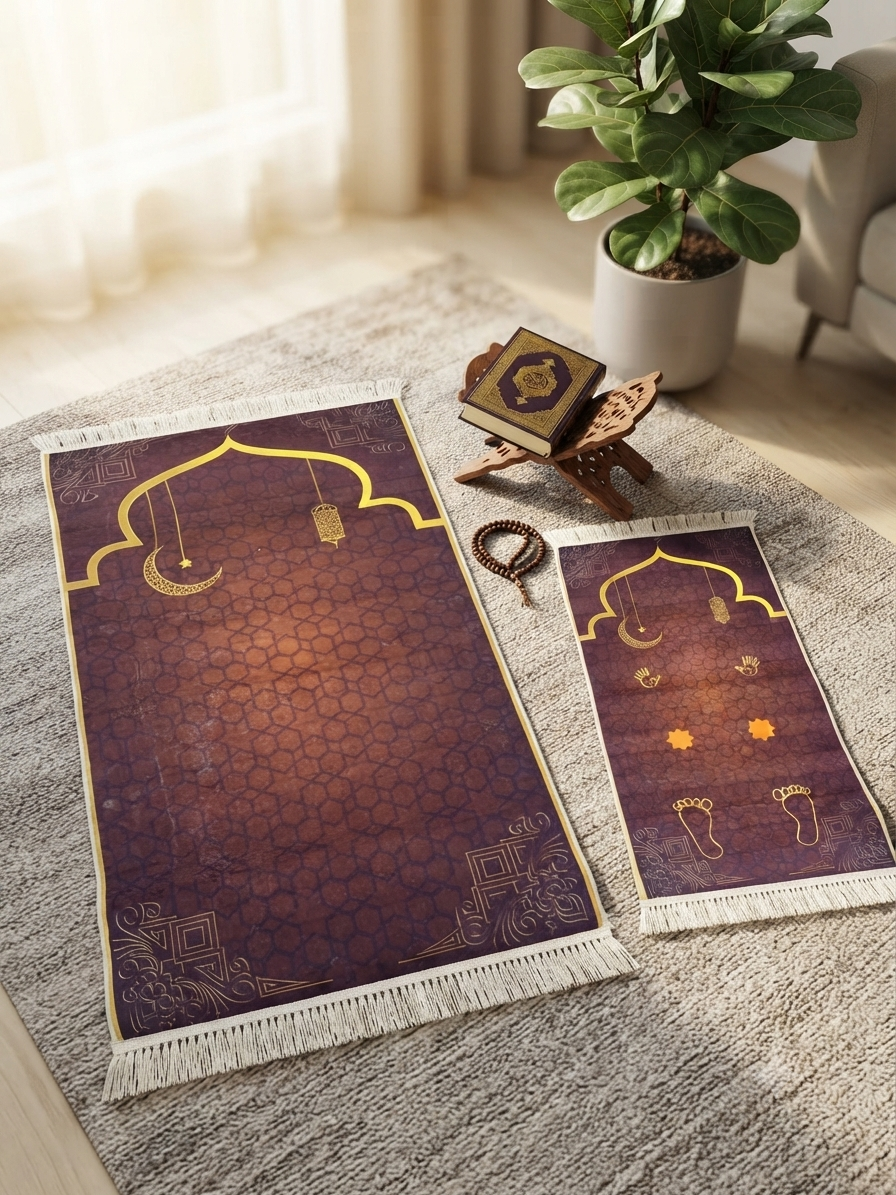 Ensemble tapis de prière 2 pièces – Prune, mihrab doré, croissant et lanterne