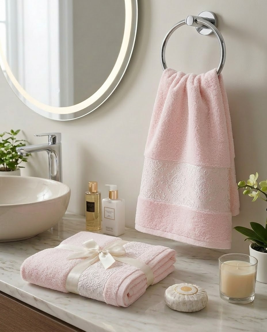 Set of 2 Bath Towels 50×90 – light pink with a woven band