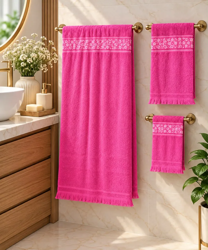 Ensemble serviettes de bain 3 pièces frangées – Fuchsia-001