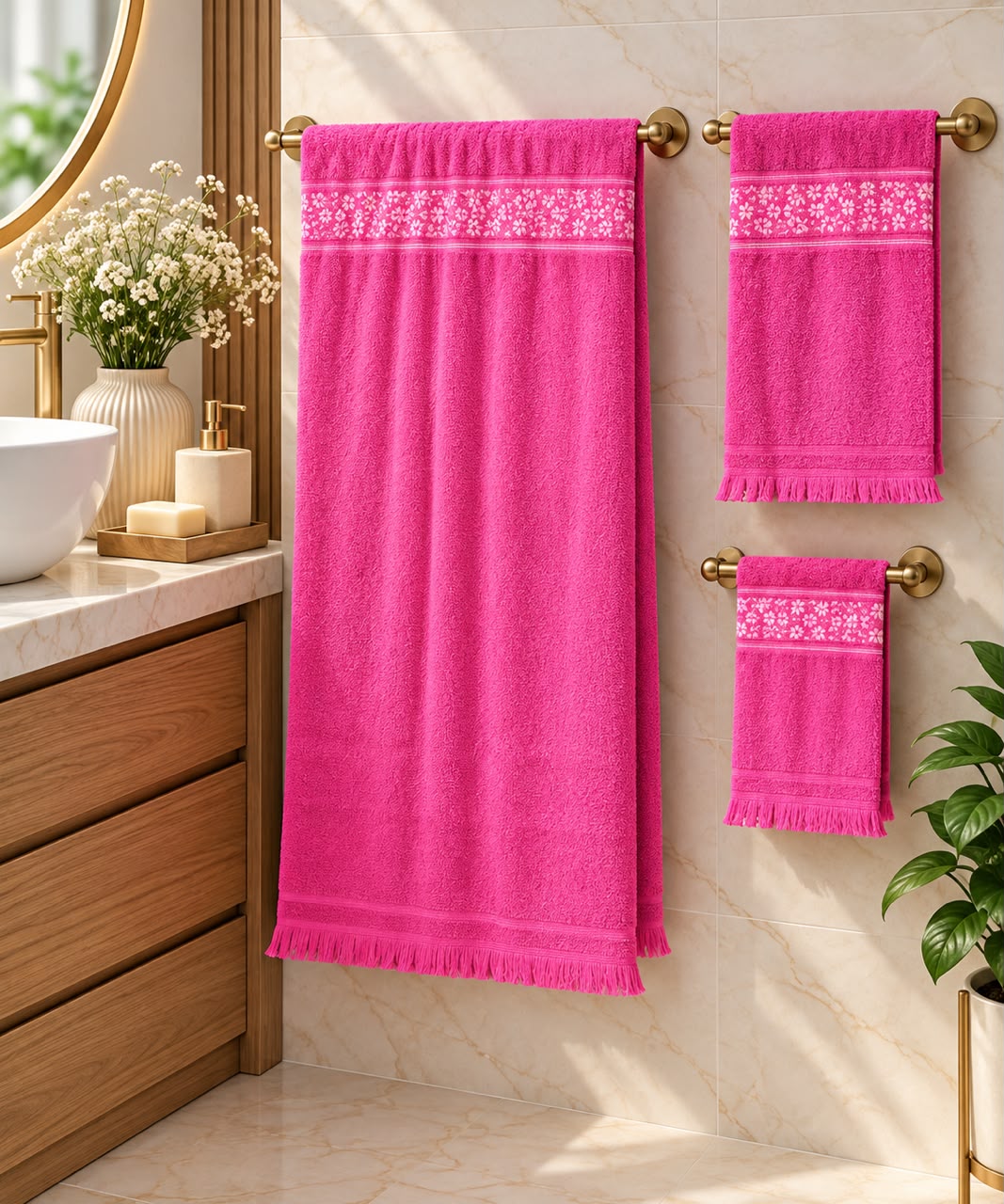 Ensemble serviettes de bain 3 pièces frangées – Fuchsia-001