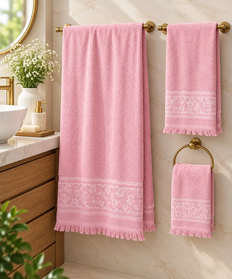 Ensemble serviettes de bain 3 pièces frangées – Rose Poudré-002