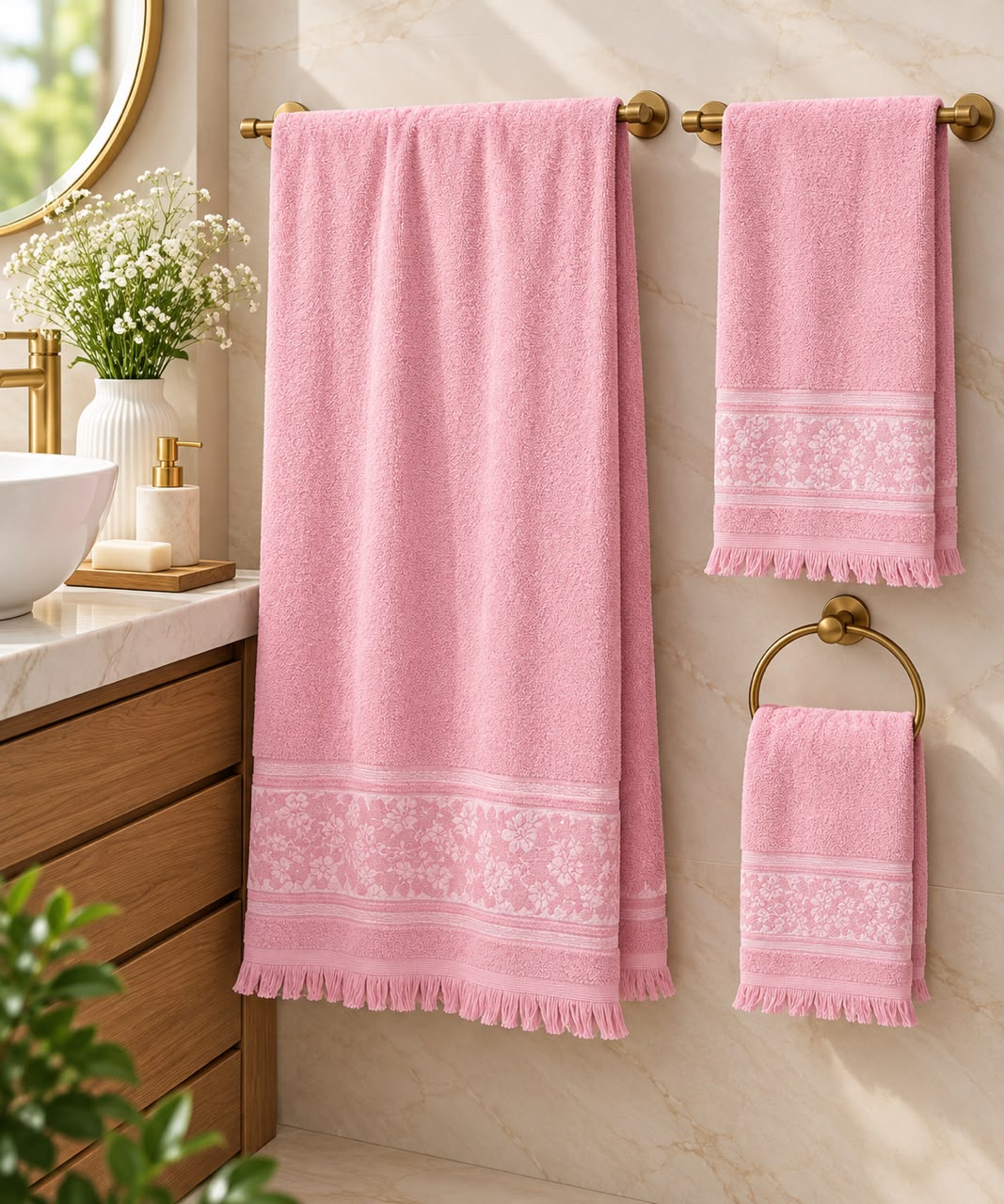 Ensemble serviettes de bain 3 pièces frangées – Rose Poudré-002