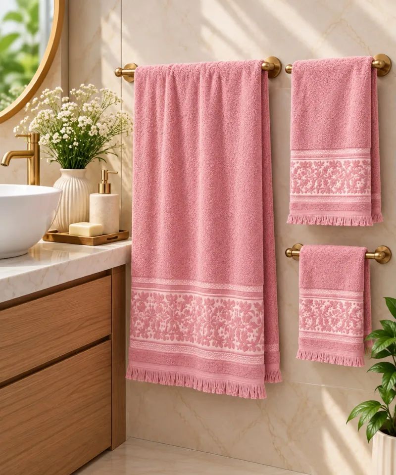 Ensemble serviettes de bain 3 pièces frangées – Rose Pâle-003