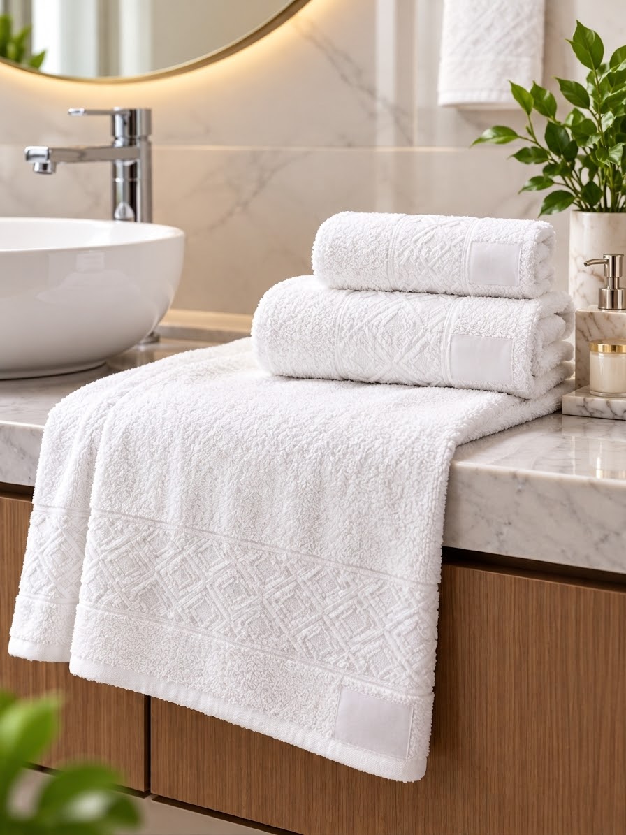 طقم مناشف 3 قطع 30×50 + 50×90 + 70×140 سم – أبيض بحاشية هندسية بارزة