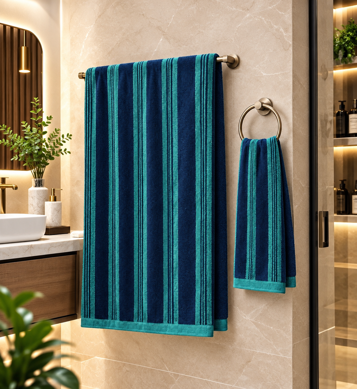 Set de 2 serviettes de bain 50×90-100×150 – rayures verticales bleu marine et turquoise