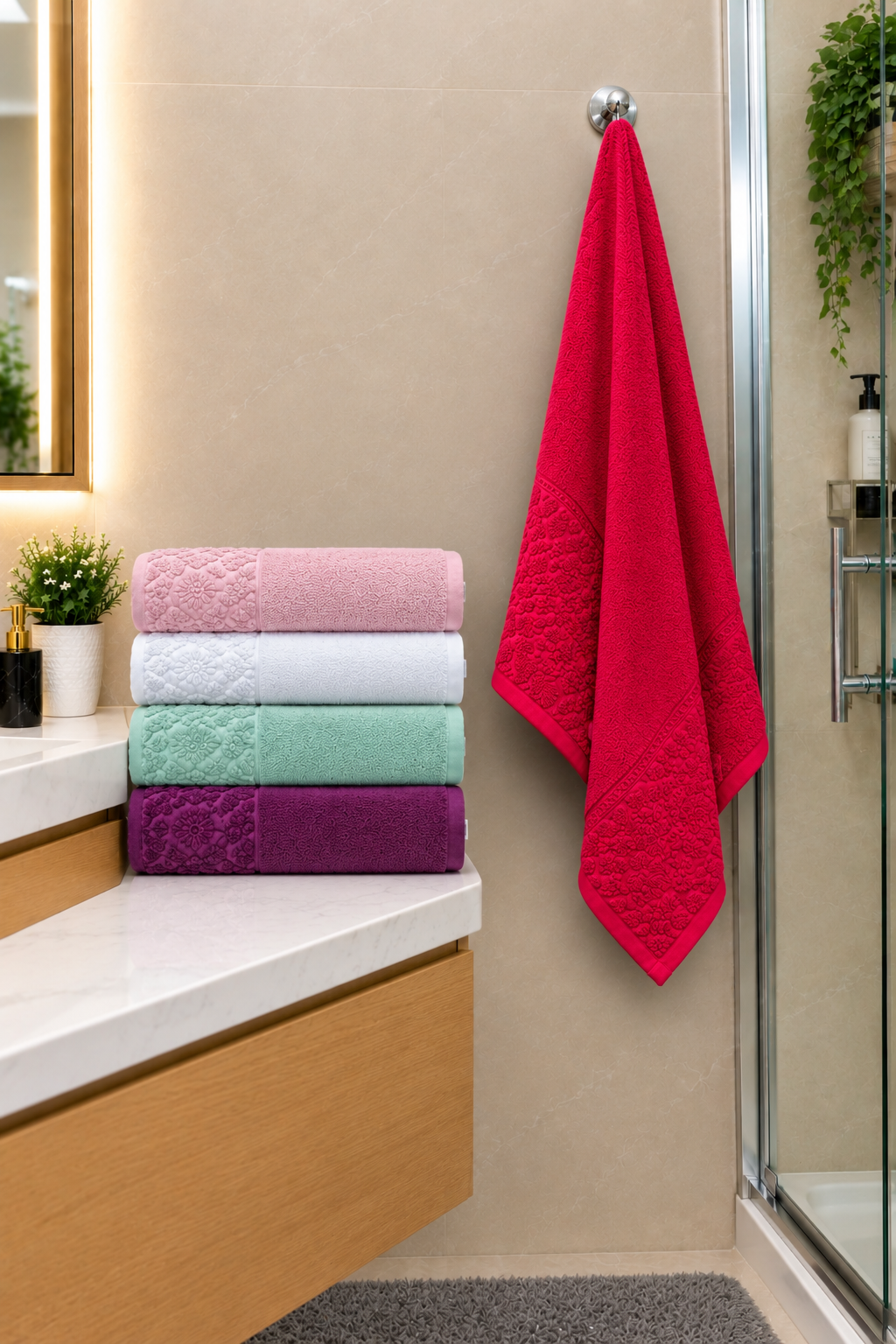 5-Piece Embroidered Floral Towel Set – Red