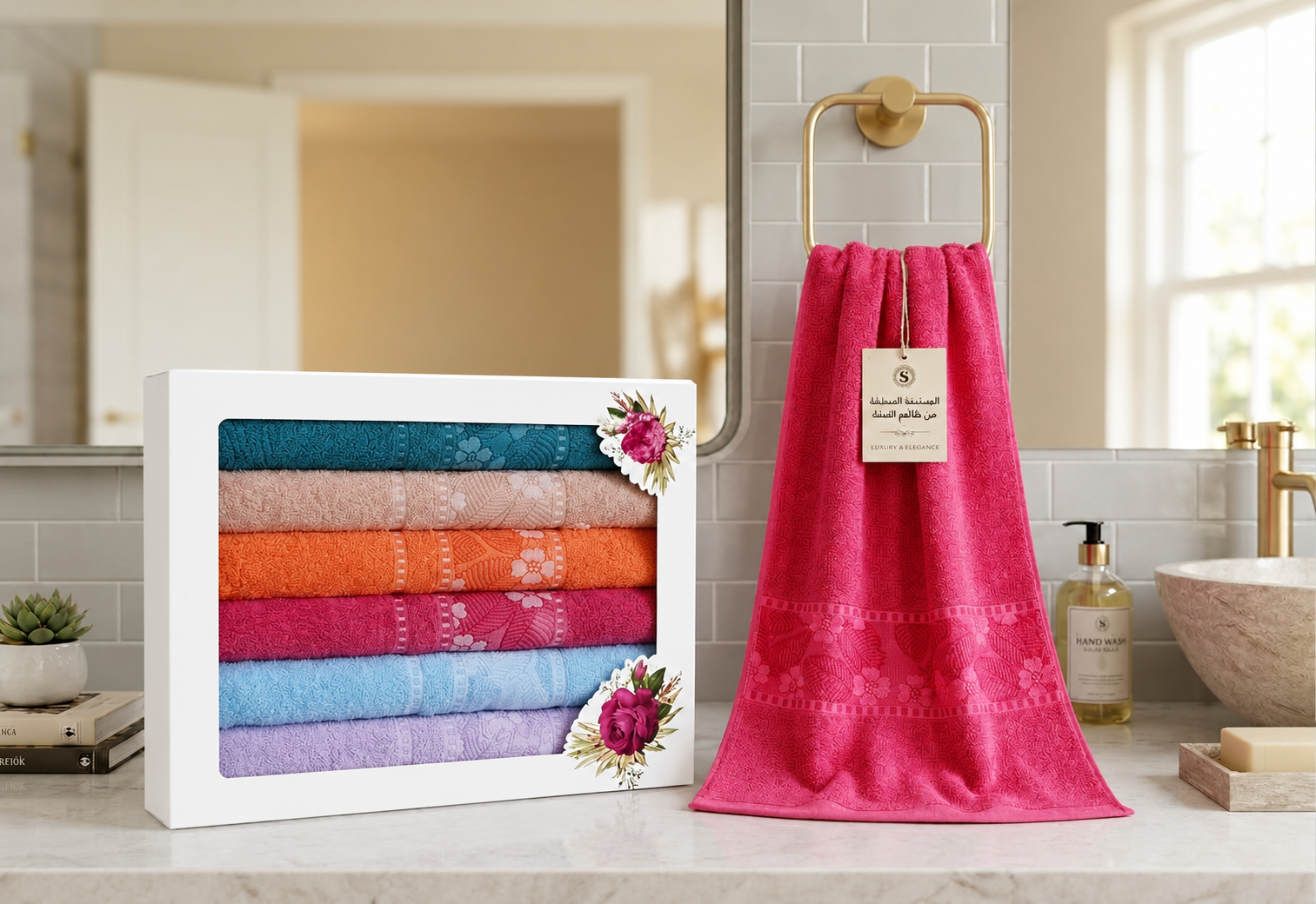 6-Piece Towel Set 50×90 – embossed flowers and leaves in 6 colours