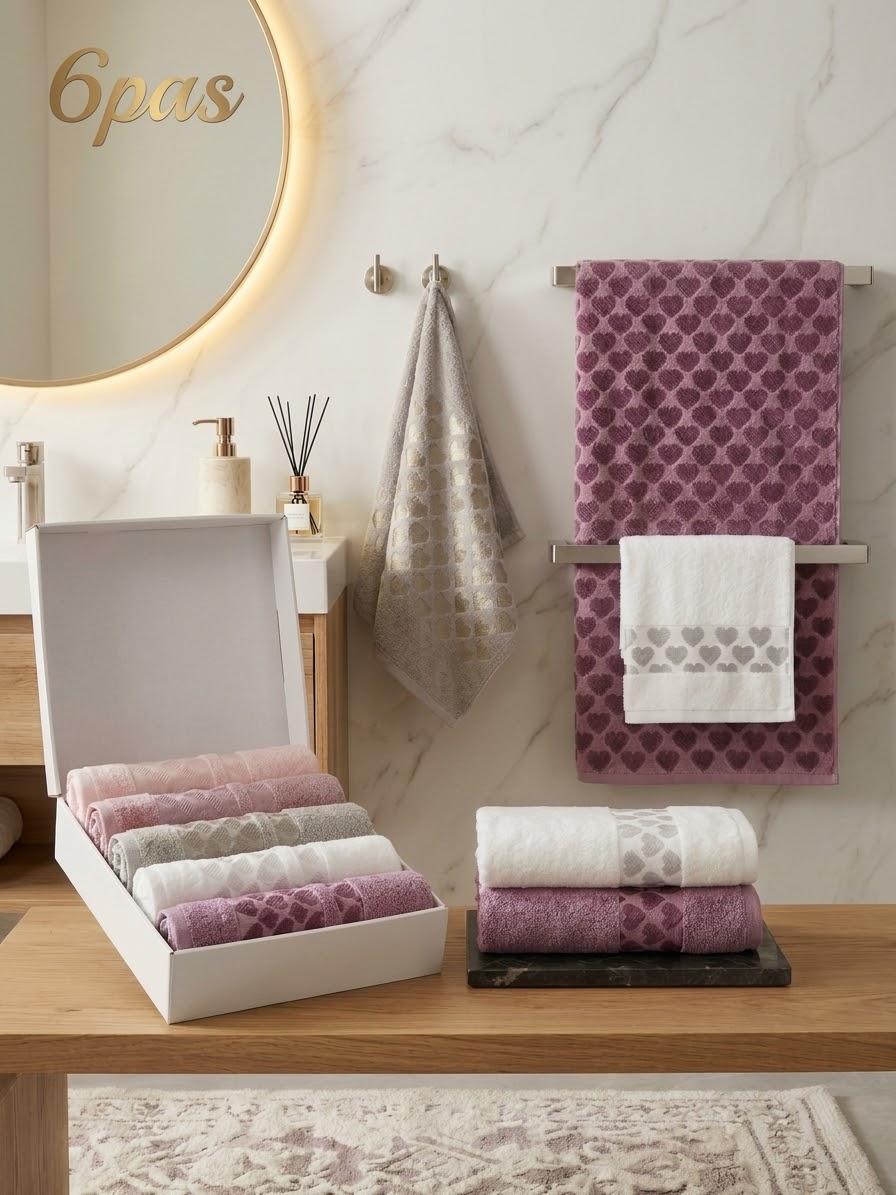 Set de 6 serviettes 50×90 – cœurs en relief, rose, mauve, gris et blanc, en coffret