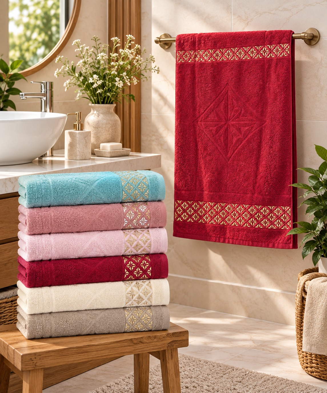 6-Piece Diamond Pattern Towel Set with Gold Border