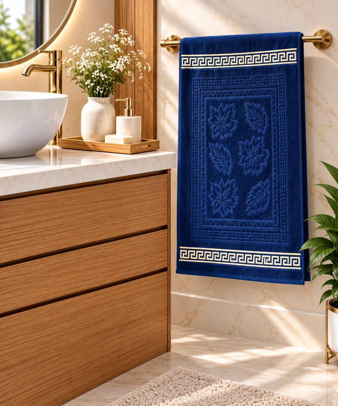 70×140 cm Bath Towel with raised floral pattern – Dark Blue