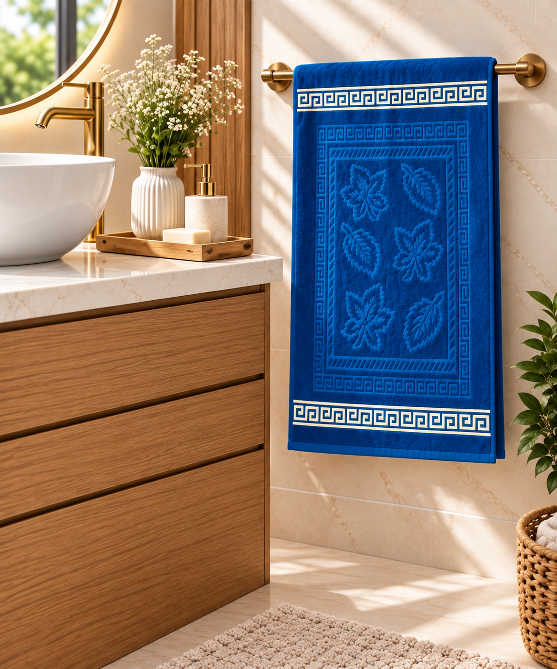 Serviette de Bain 70×140 cm motif floral en relief – Bleu