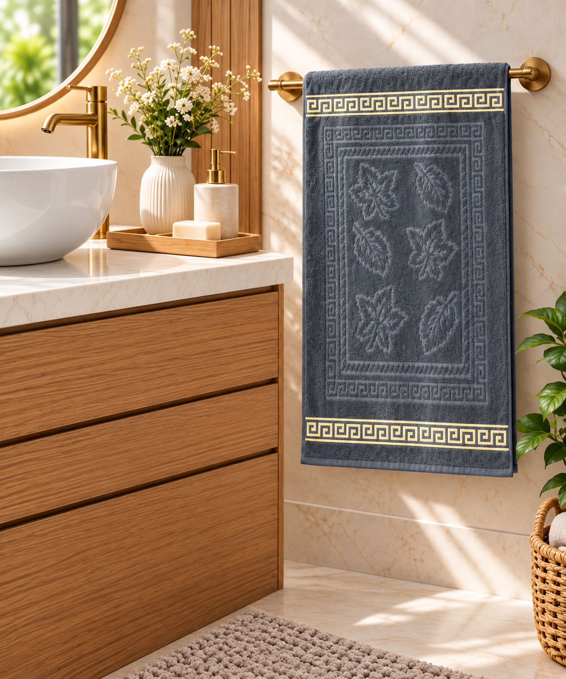 Serviette de Bain 70×140 cm motif floral en relief – Gris anthracite