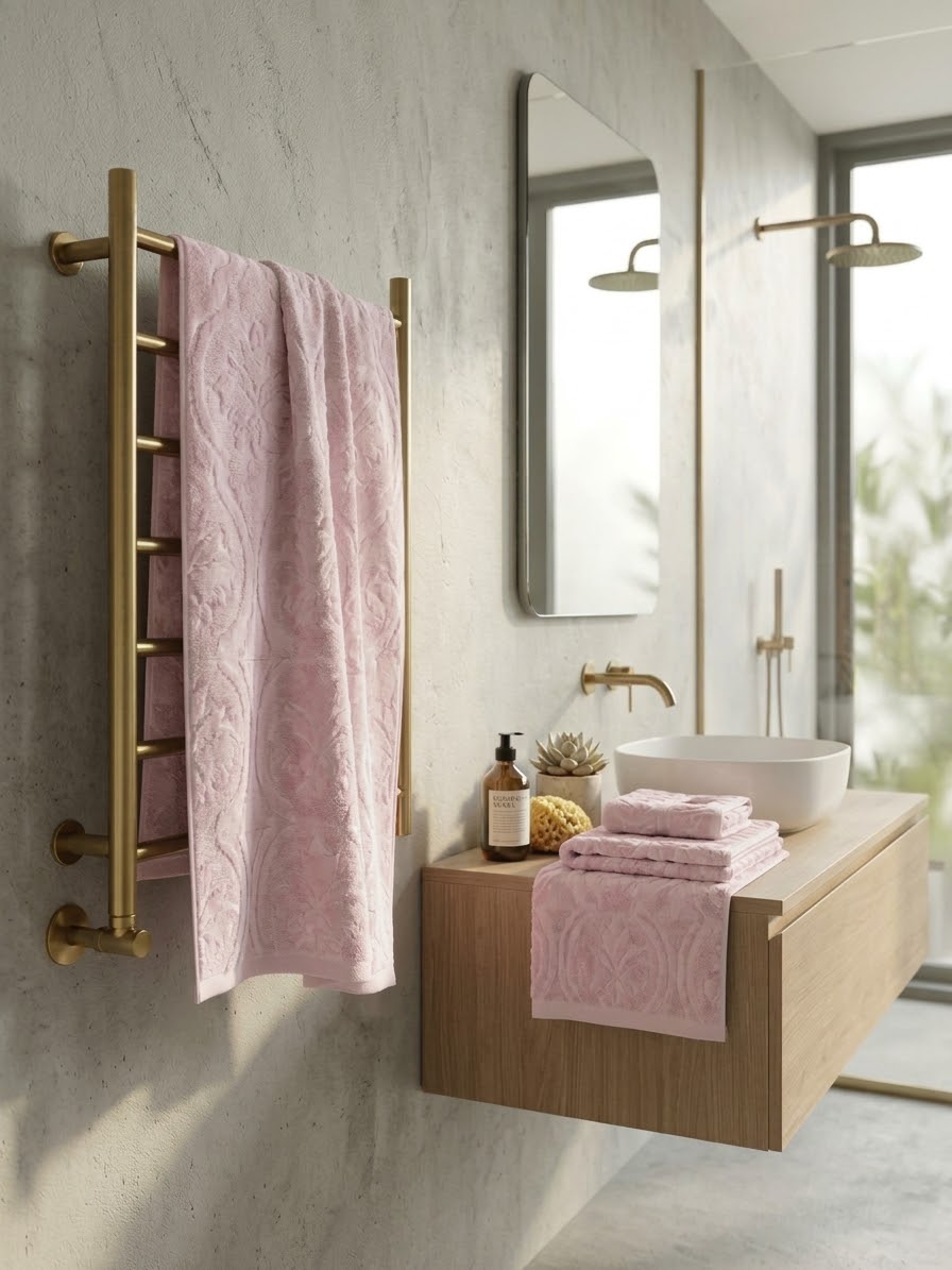 Serviette de bain 90×150 – ton sur ton rose poudré