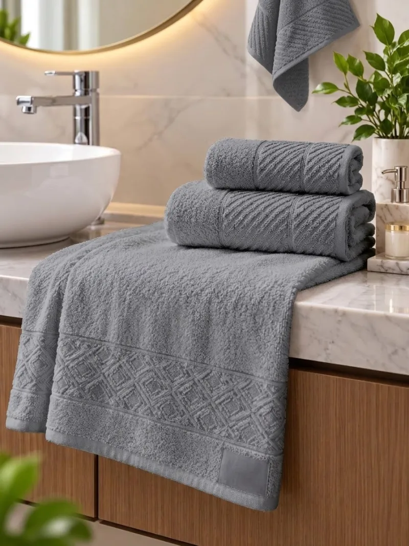 طقم مناشف 3 قطع 30×50 + 50×90 + 70×140 سم – أبيض بحاشية هندسية بارزة 2