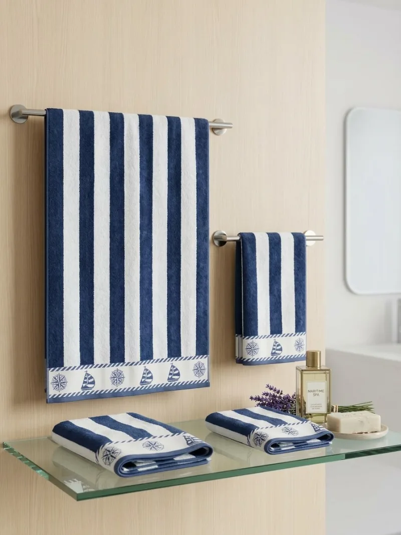 طقم منشفتين للحمام 50×90-100×150 – ازرق بخطوط بيضاء 2