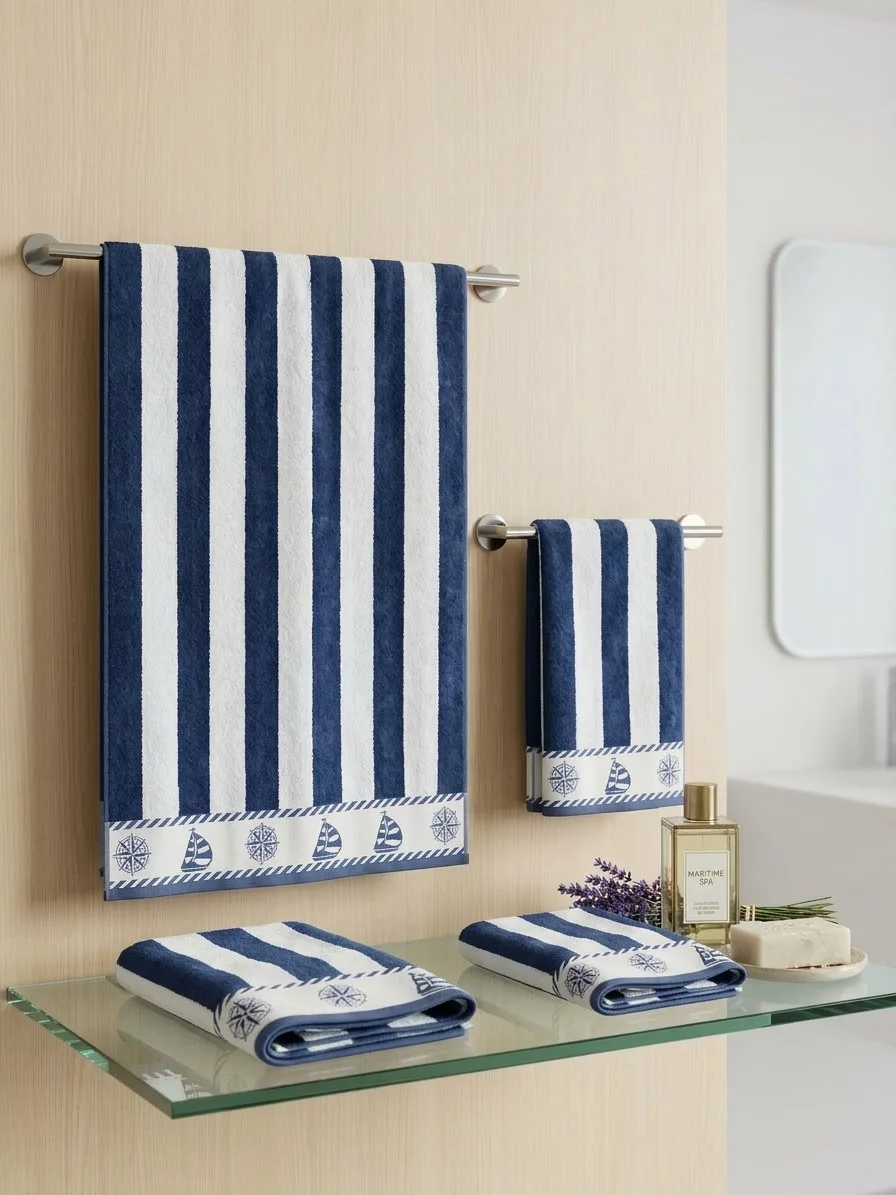 2-Piece Bath Towel Set 50×90-100×150 – navy blue with white stripes 2