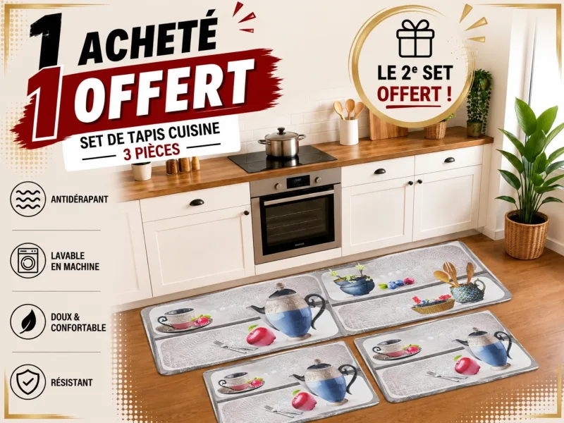 3-Piece Kitchen Rug Set – Red Gingham Coffee Cup & Teapot Print 2