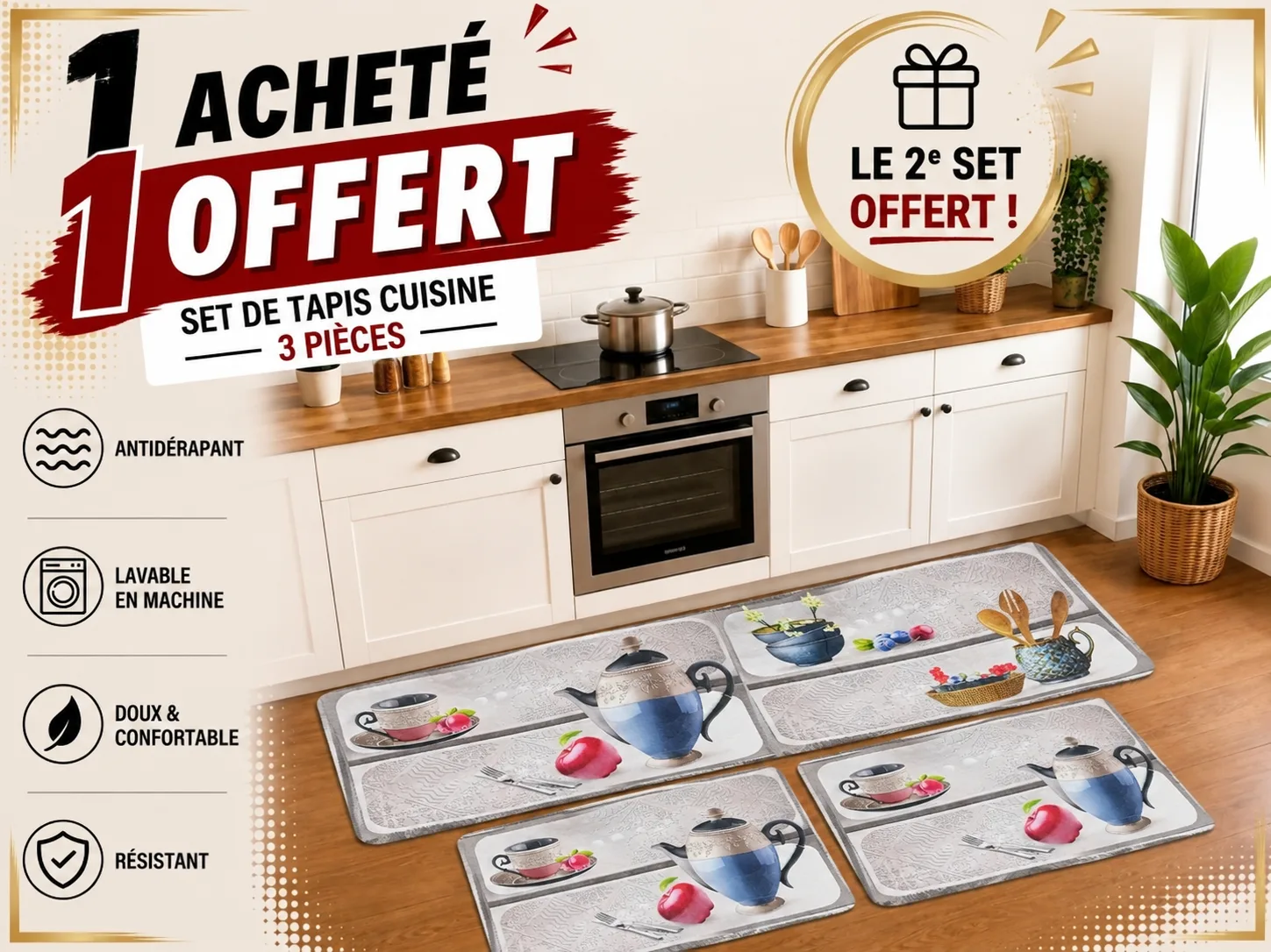 3-Piece Kitchen Rug Set – Red Gingham Coffee Cup & Teapot Print 2